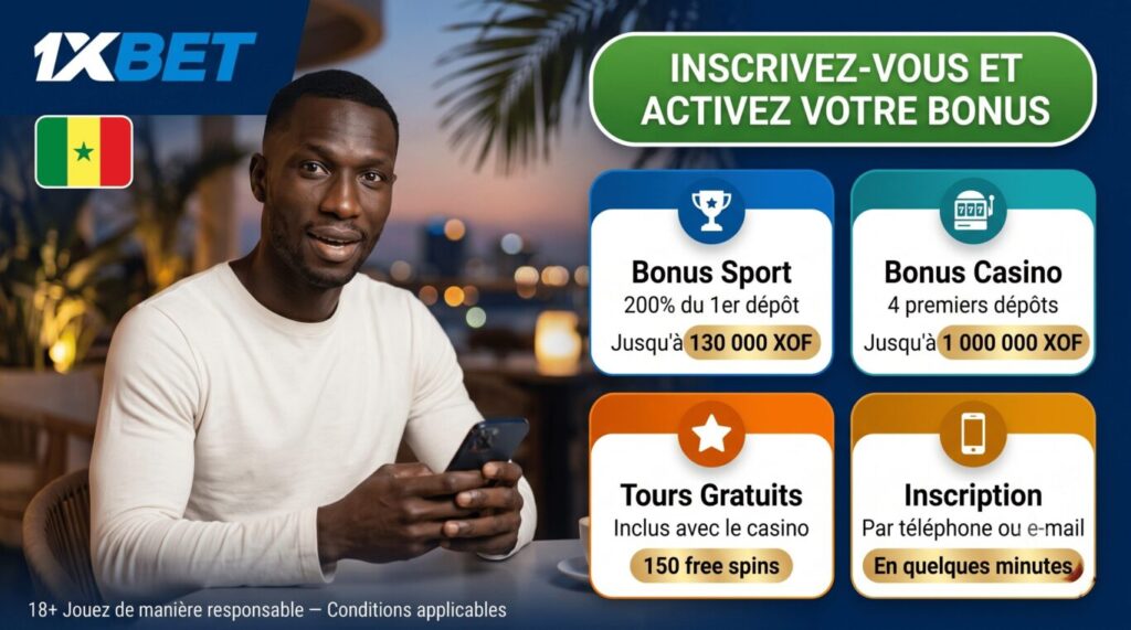 Bonus de bienvenue 1xBet Sénégal : 200% jusqu'à 130 000 XOF sport ou 1 000 000 XOF casino